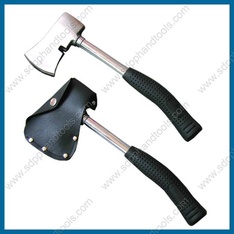 steel tube handle camping axe 600g, with leather axe cover, camp axe with steel tube handle, tubular handle hatchet